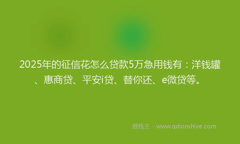 2025年的征信花怎么贷款5万急用钱有：洋钱罐、惠商贷、平安i贷、替你还、e微贷等。