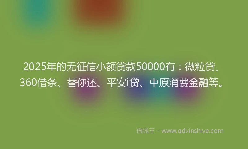 2025年的无征信小额贷款50000有：微粒贷、360借条、替你还、平安i贷、中原消费金融等。