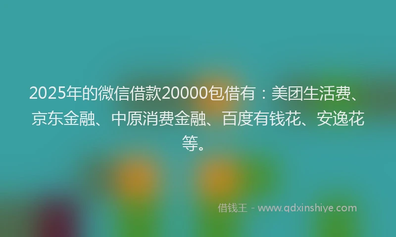 2025年的微信借款20000包借有：美团生活费、京东金融、中原消费金融、百度有钱花、安逸花等。