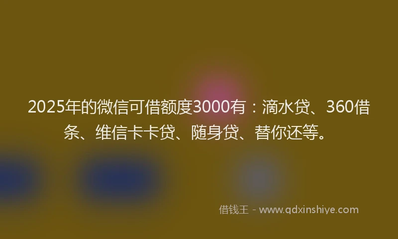 2025年的微信可借额度3000有：滴水贷、360借条、维信卡卡贷、随身贷、替你还等。