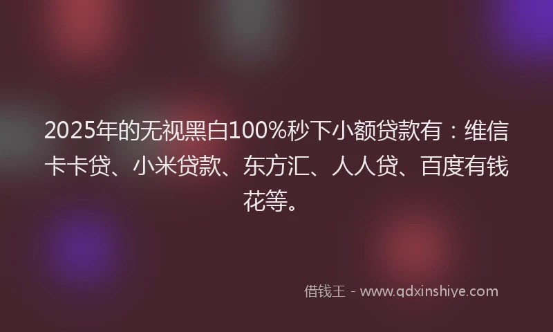 2025年的无视黑白100%秒下小额贷款有：维信卡卡贷、小米贷款、东方汇、人人贷、百度有钱花等。