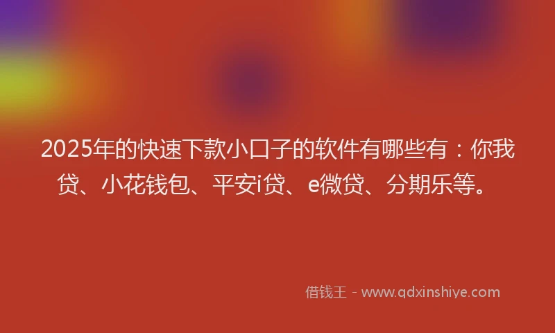 2025年的快速下款小口子的软件有哪些有：你我贷、小花钱包、平安i贷、e微贷、分期乐等。