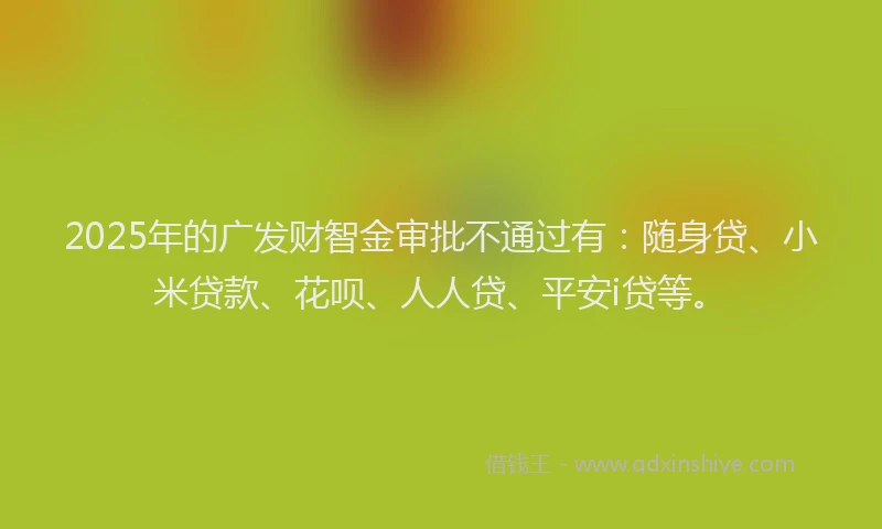 2025年的广发财智金审批不通过有：随身贷、小米贷款、花呗、人人贷、平安i贷等。