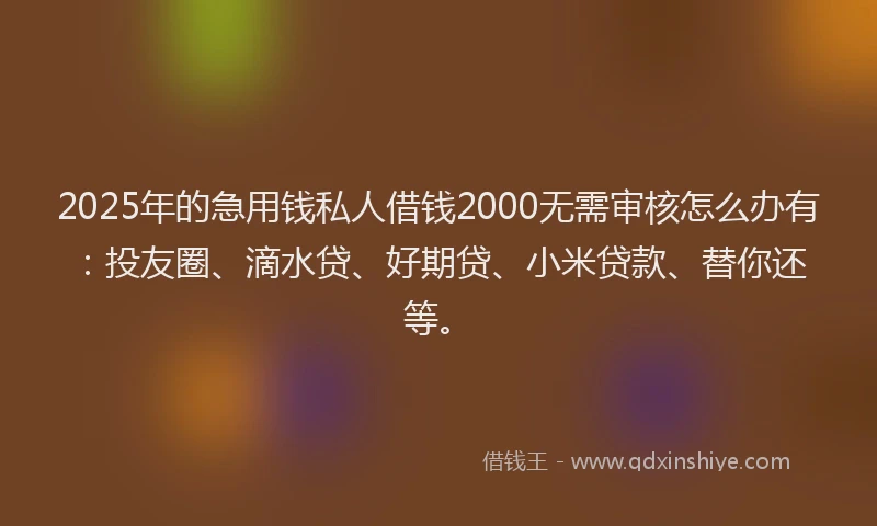 2025年的急用钱私人借钱2000无需审核怎么办有：投友圈、滴水贷、好期贷、小米贷款、替你还等。