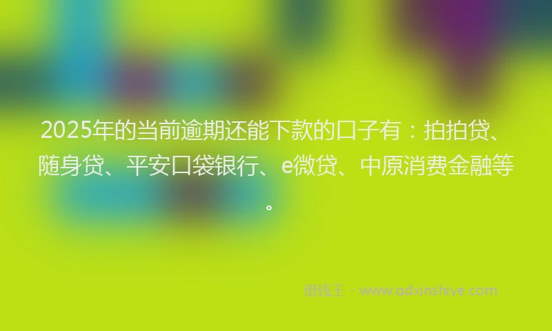 2025年的当前逾期还能下款的口子有：拍拍贷、随身贷、平安口袋银行、e微贷、中原消费金融等。