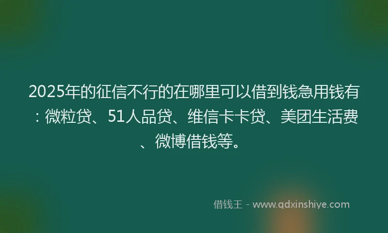 2025年的征信不行的在哪里可以借到钱急用钱有：微粒贷、51人品贷、维信卡卡贷、美团生活费、微博借钱等。