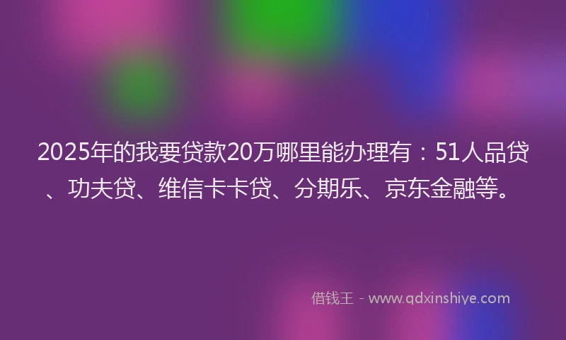 2025年的我要贷款20万哪里能办理有：51人品贷、功夫贷、维信卡卡贷、分期乐、京东金融等。