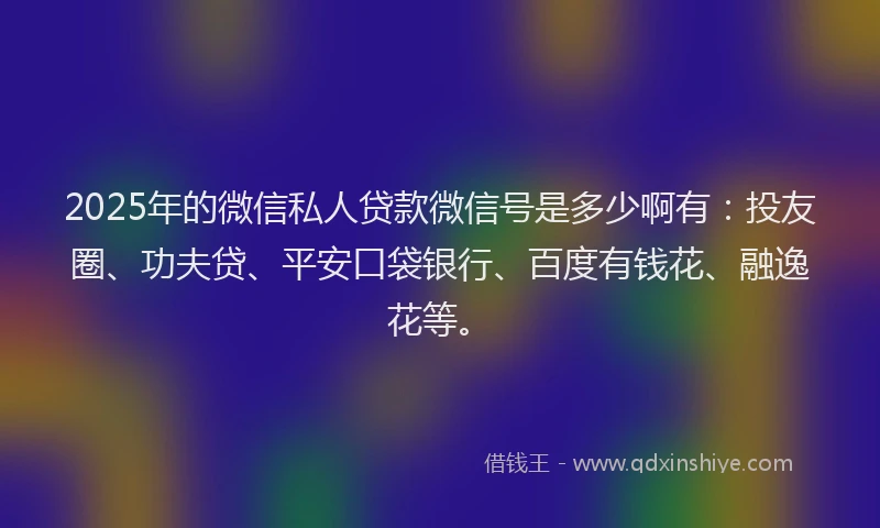 2025年的微信私人贷款微信号是多少啊有：投友圈、功夫贷、平安口袋银行、百度有钱花、融逸花等。