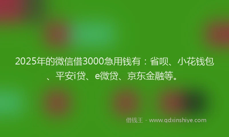 2025年的微信借3000急用钱有：省呗、小花钱包、平安i贷、e微贷、京东金融等。