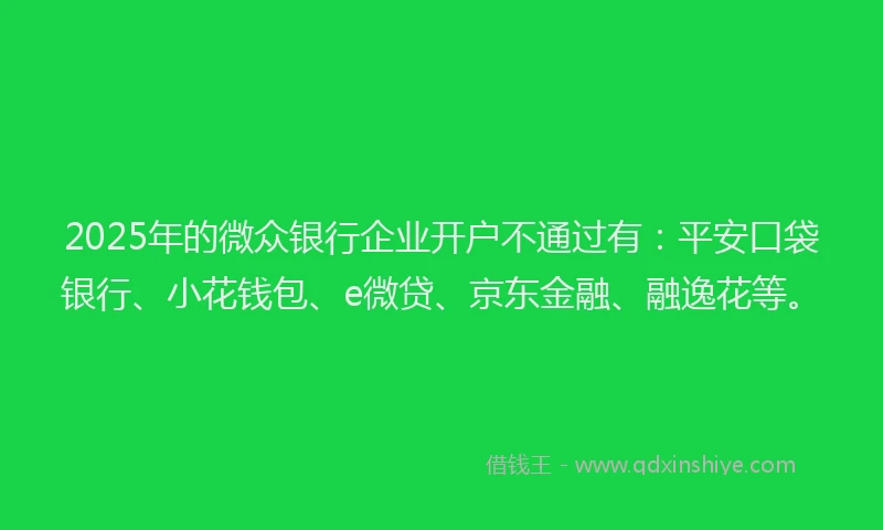 2025年的微众银行企业开户不通过有：平安口袋银行、小花钱包、e微贷、京东金融、融逸花等。