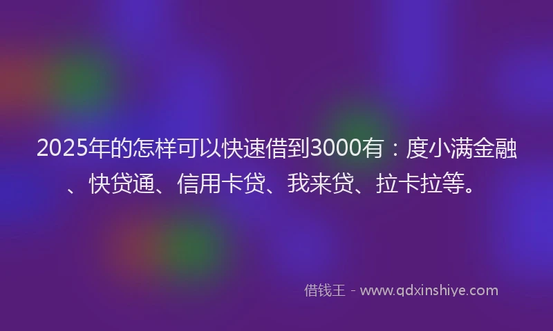2025年的怎样可以快速借到3000有：度小满金融、快贷通、信用卡贷、我来贷、拉卡拉等。