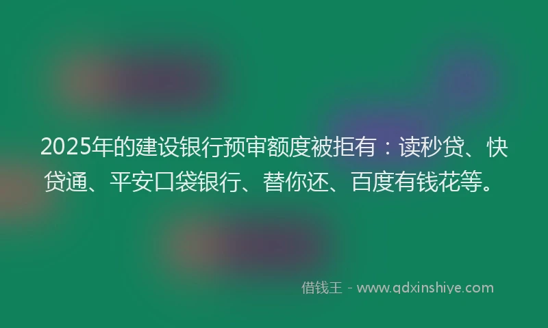 2025年的建设银行预审额度被拒有：读秒贷、快贷通、平安口袋银行、替你还、百度有钱花等。