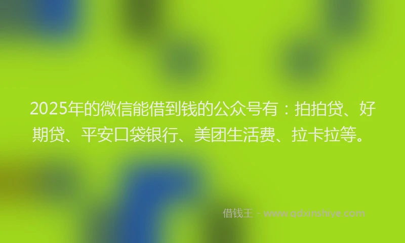 2025年的微信能借到钱的公众号有：拍拍贷、好期贷、平安口袋银行、美团生活费、拉卡拉等。