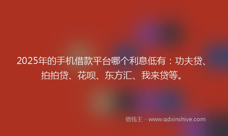 2025年的手机借款平台哪个利息低有：功夫贷、拍拍贷、花呗、东方汇、我来贷等。