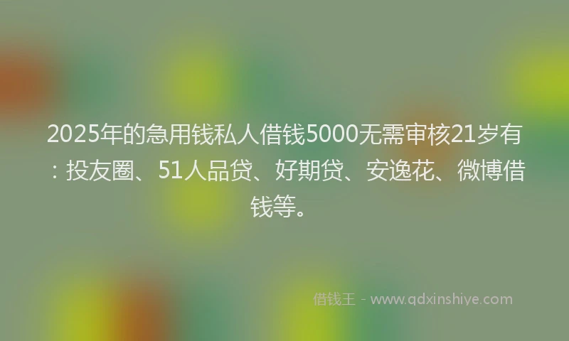 2025年的急用钱私人借钱5000无需审核21岁有：投友圈、51人品贷、好期贷、安逸花、微博借钱等。