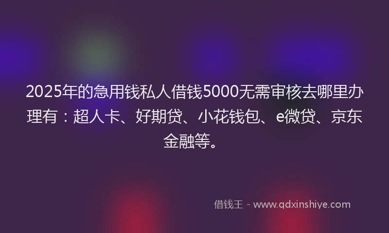2025年的急用钱私人借钱5000无需审核去哪里办理有：超人卡、好期贷、小花钱包、e微贷、京东金融等。