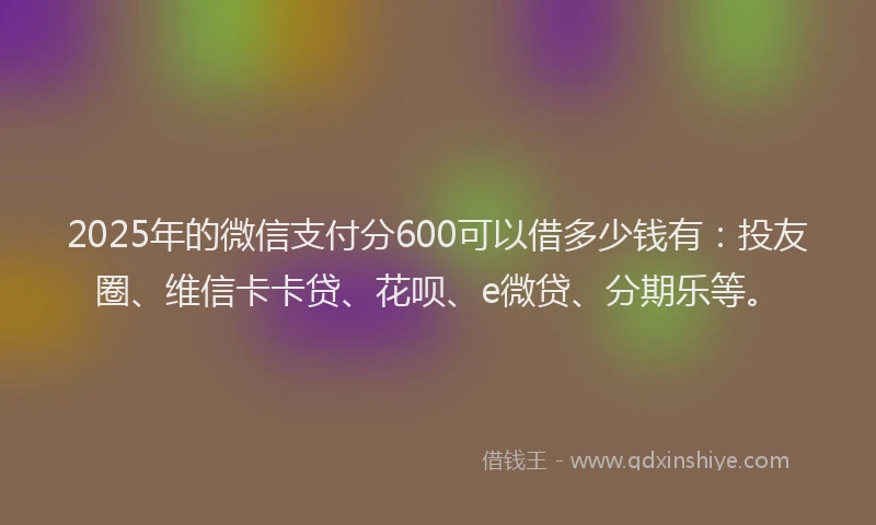 2025年的微信支付分600可以借多少钱有：投友圈、维信卡卡贷、花呗、e微贷、分期乐等。