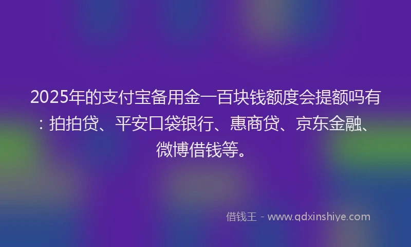 2025年的支付宝备用金一百块钱额度会提额吗有：拍拍贷、平安口袋银行、惠商贷、京东金融、微博借钱等。