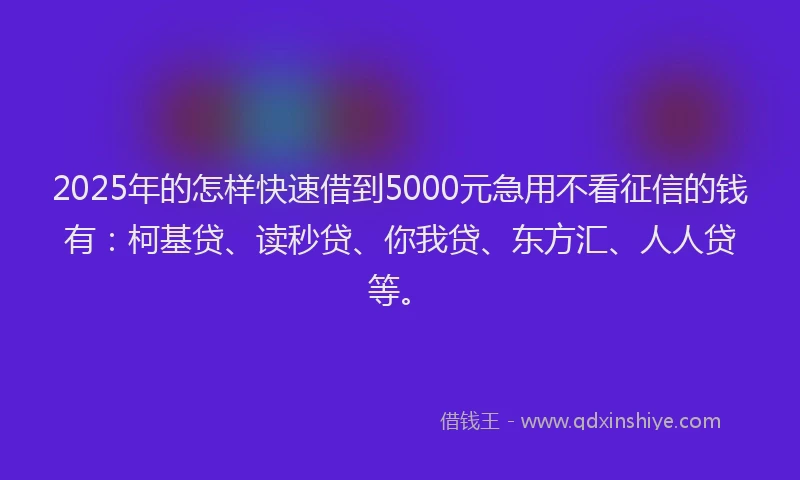 2025年的怎样快速借到5000元急用不看征信的钱有：柯基贷、读秒贷、你我贷、东方汇、人人贷等。