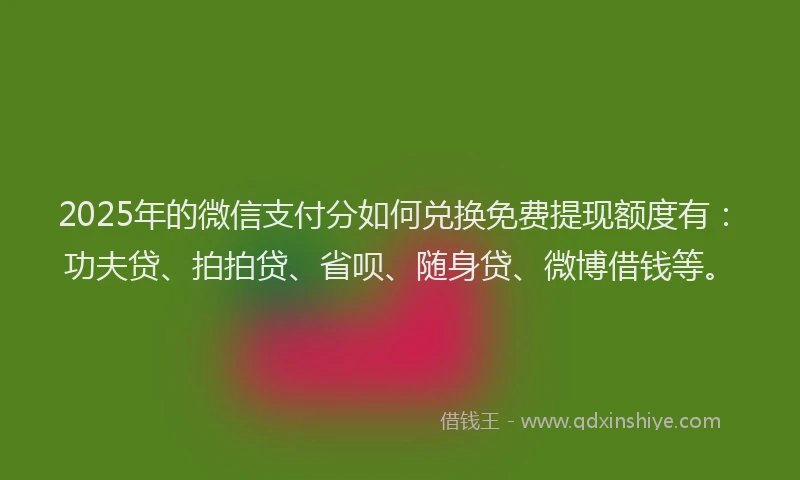 2025年的微信支付分如何兑换免费提现额度有：功夫贷、拍拍贷、省呗、随身贷、微博借钱等。