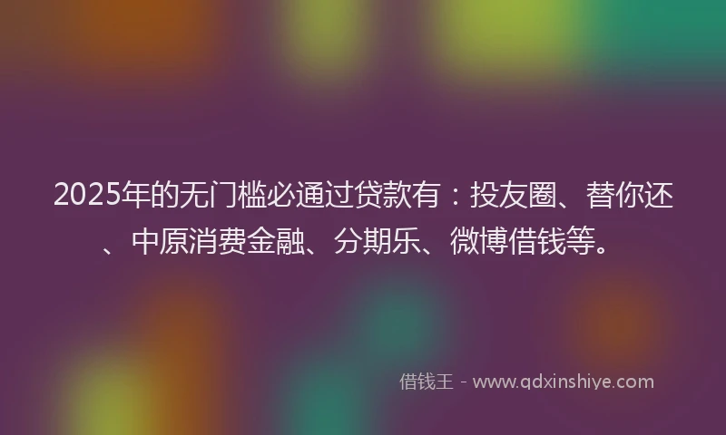 2025年的无门槛必通过贷款有：投友圈、替你还、中原消费金融、分期乐、微博借钱等。