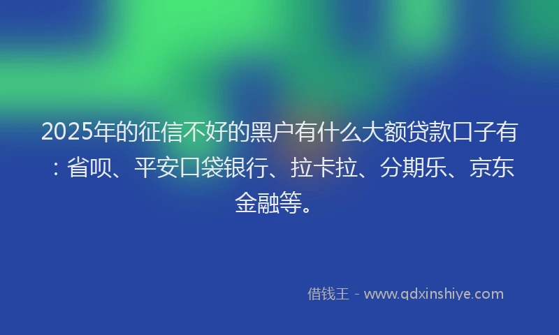 2025年的征信不好的黑户有什么大额贷款口子有：省呗、平安口袋银行、拉卡拉、分期乐、京东金融等。