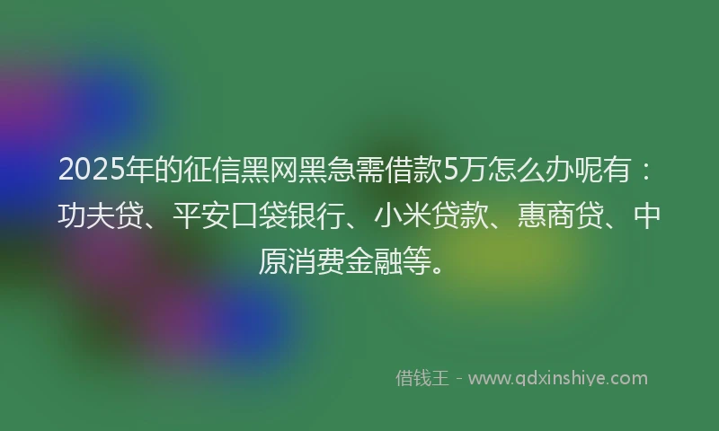 2025年的征信黑网黑急需借款5万怎么办呢有：功夫贷、平安口袋银行、小米贷款、惠商贷、中原消费金融等。