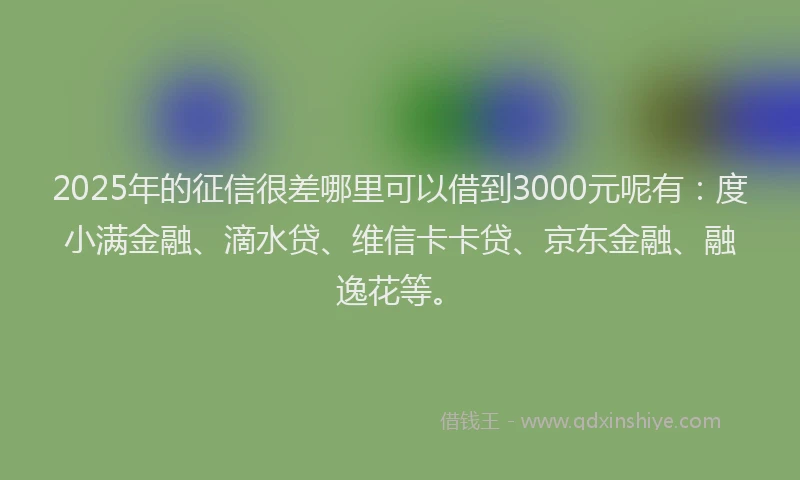 2025年的征信很差哪里可以借到3000元呢有：度小满金融、滴水贷、维信卡卡贷、京东金融、融逸花等。