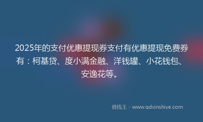 2025年的支付优惠提现券支付有优惠提现免费券有：柯基贷、度小满金融、洋钱罐、小花钱包、安逸花等。