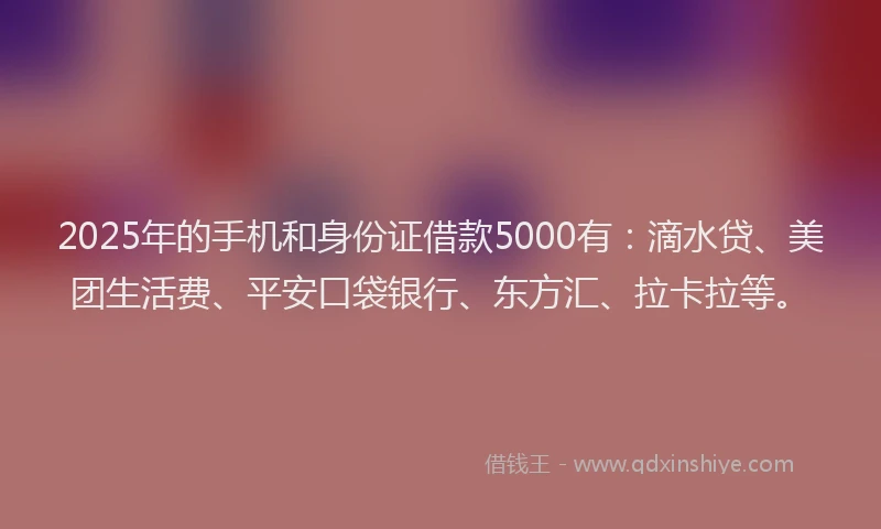 2025年的手机和身份证借款5000有：滴水贷、美团生活费、平安口袋银行、东方汇、拉卡拉等。