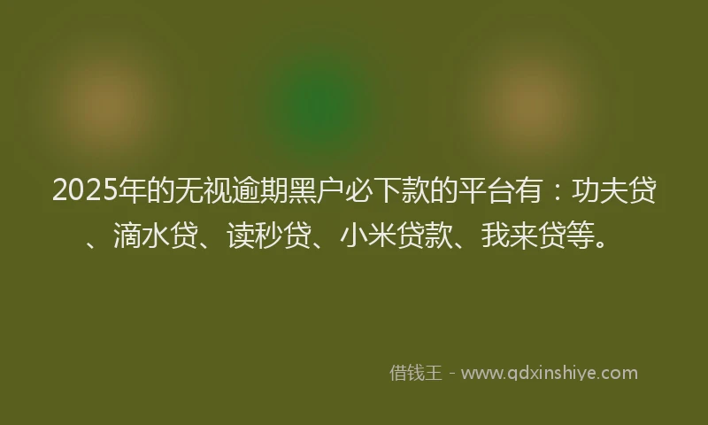 2025年的无视逾期黑户必下款的平台有：功夫贷、滴水贷、读秒贷、小米贷款、我来贷等。