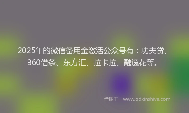 2025年的微信备用金激活公众号有：功夫贷、360借条、东方汇、拉卡拉、融逸花等。