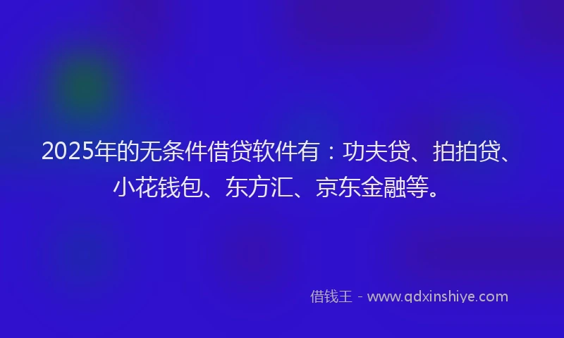 2025年的无条件借贷软件有：功夫贷、拍拍贷、小花钱包、东方汇、京东金融等。