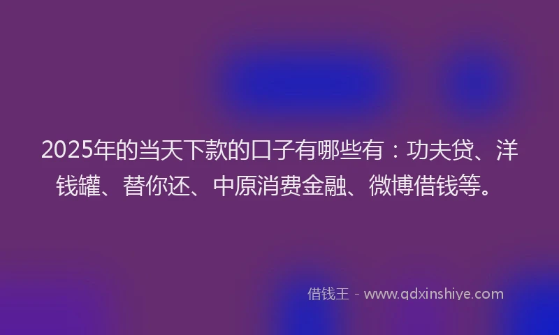 2025年的当天下款的口子有哪些有：功夫贷、洋钱罐、替你还、中原消费金融、微博借钱等。