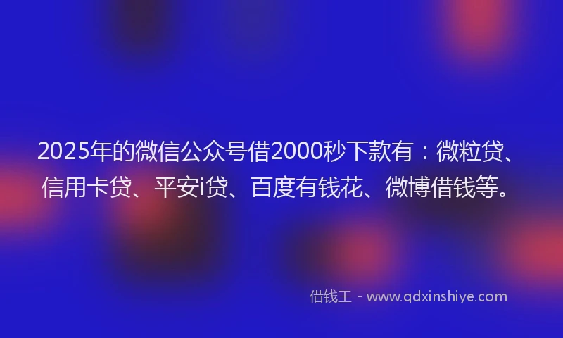 2025年的微信公众号借2000秒下款有：微粒贷、信用卡贷、平安i贷、百度有钱花、微博借钱等。