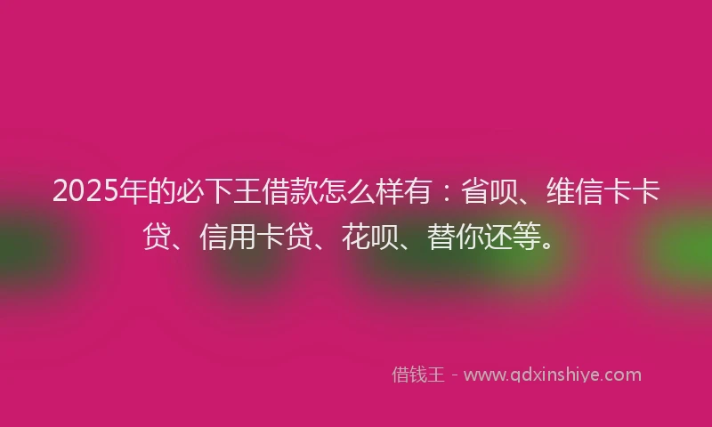 2025年的必下王借款怎么样有：省呗、维信卡卡贷、信用卡贷、花呗、替你还等。