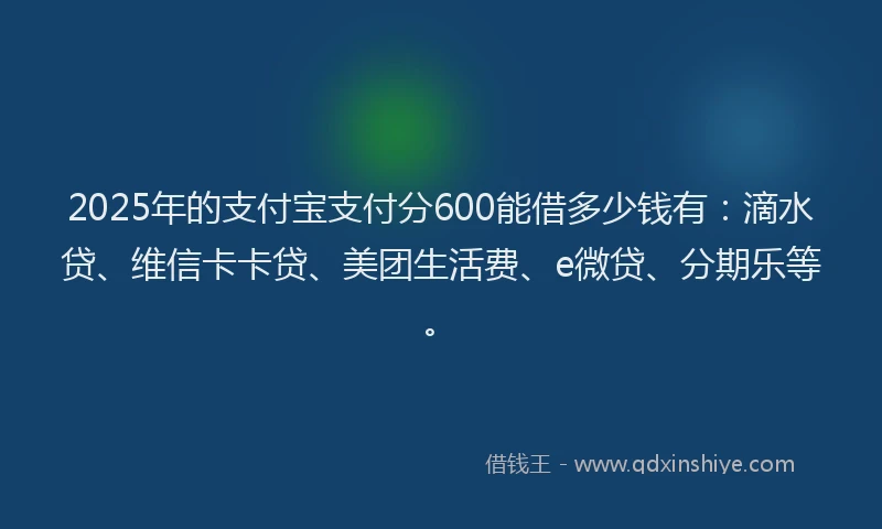 2025年的支付宝支付分600能借多少钱有：滴水贷、维信卡卡贷、美团生活费、e微贷、分期乐等。