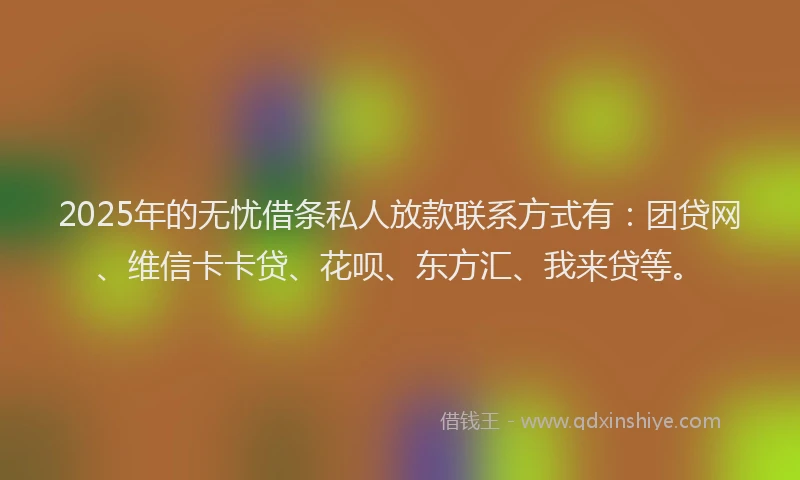 2025年的无忧借条私人放款联系方式有：团贷网、维信卡卡贷、花呗、东方汇、我来贷等。