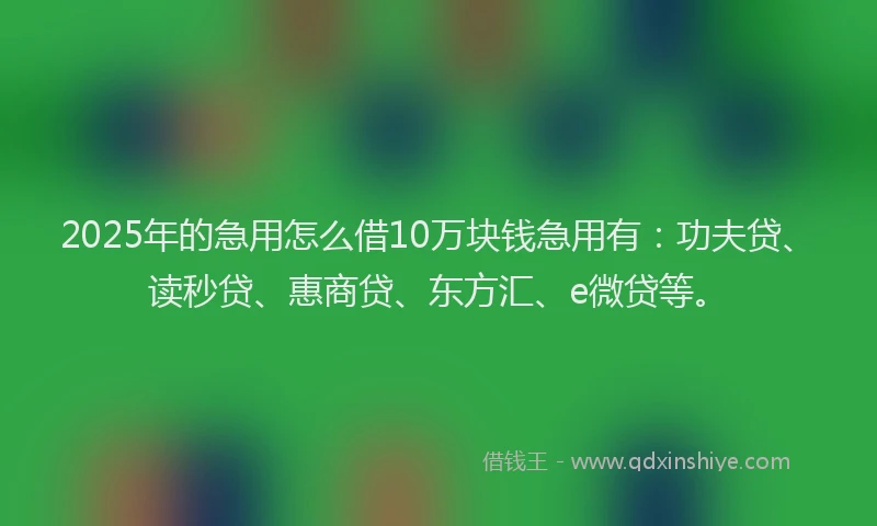 2025年的急用怎么借10万块钱急用有：功夫贷、读秒贷、惠商贷、东方汇、e微贷等。