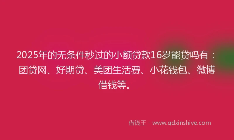2025年的无条件秒过的小额贷款16岁能贷吗有：团贷网、好期贷、美团生活费、小花钱包、微博借钱等。