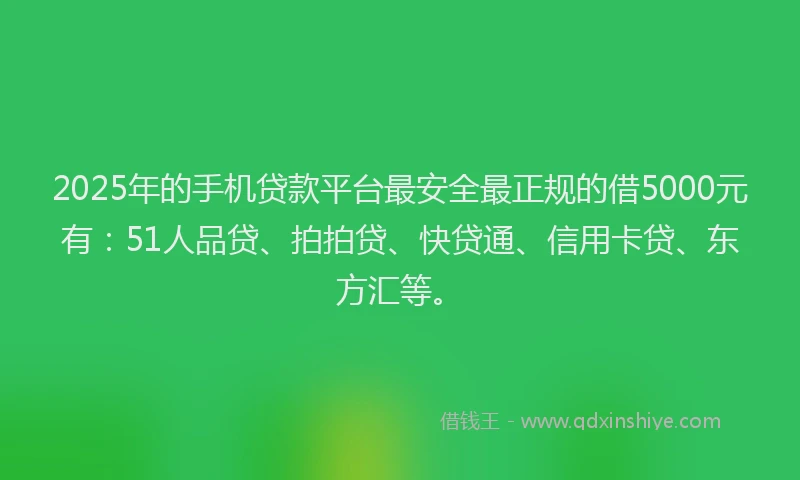 2025年的手机贷款平台最安全最正规的借5000元有：51人品贷、拍拍贷、快贷通、信用卡贷、东方汇等。