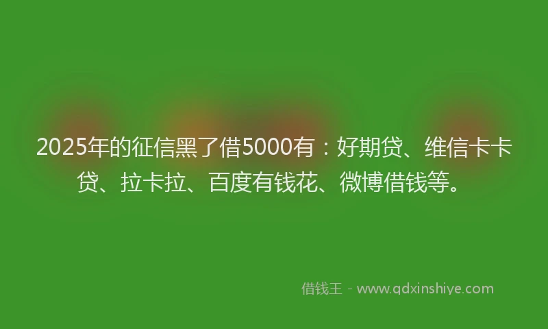 2025年的征信黑了借5000有：好期贷、维信卡卡贷、拉卡拉、百度有钱花、微博借钱等。