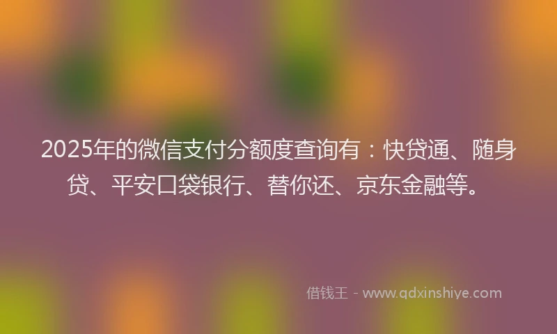 2025年的微信支付分额度查询有：快贷通、随身贷、平安口袋银行、替你还、京东金融等。