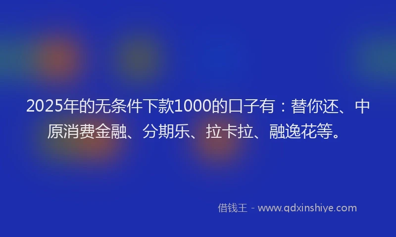 2025年的无条件下款1000的口子有：替你还、中原消费金融、分期乐、拉卡拉、融逸花等。