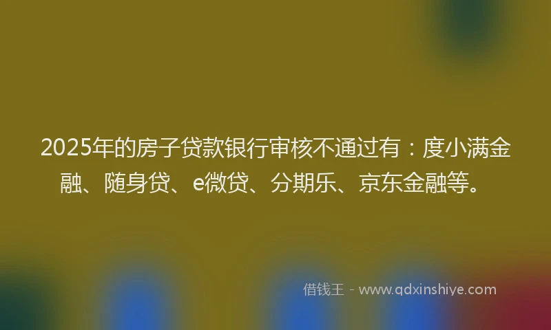 2025年的房子贷款银行审核不通过有：度小满金融、随身贷、e微贷、分期乐、京东金融等。