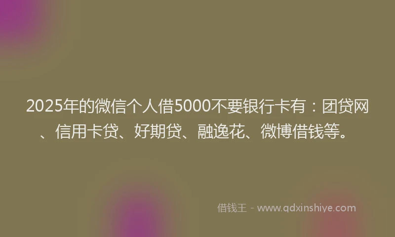 2025年的微信个人借5000不要银行卡有：团贷网、信用卡贷、好期贷、融逸花、微博借钱等。