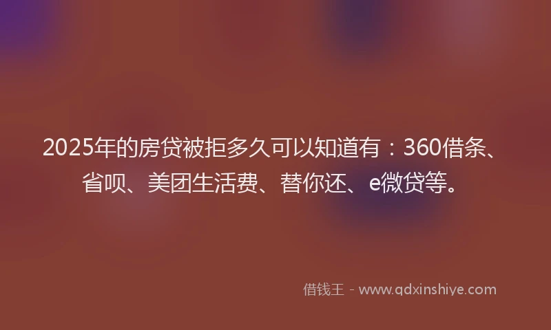 2025年的房贷被拒多久可以知道有：360借条、省呗、美团生活费、替你还、e微贷等。