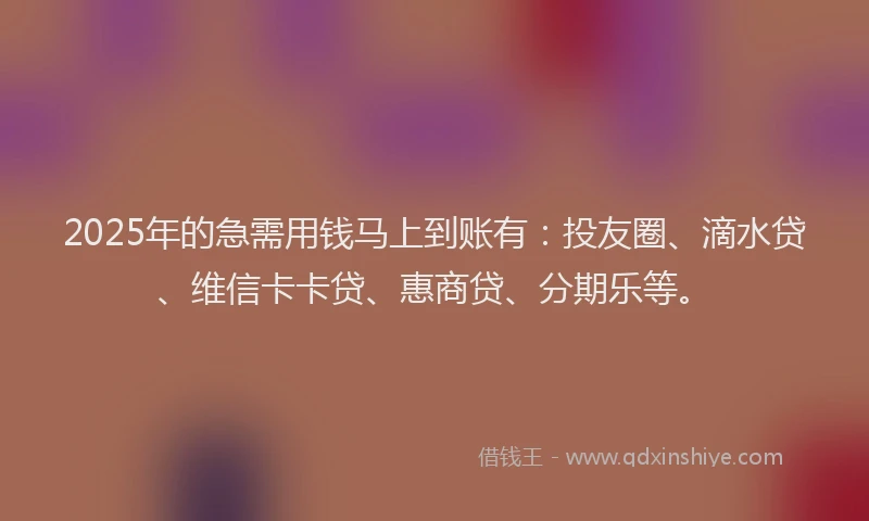 2025年的急需用钱马上到账有：投友圈、滴水贷、维信卡卡贷、惠商贷、分期乐等。