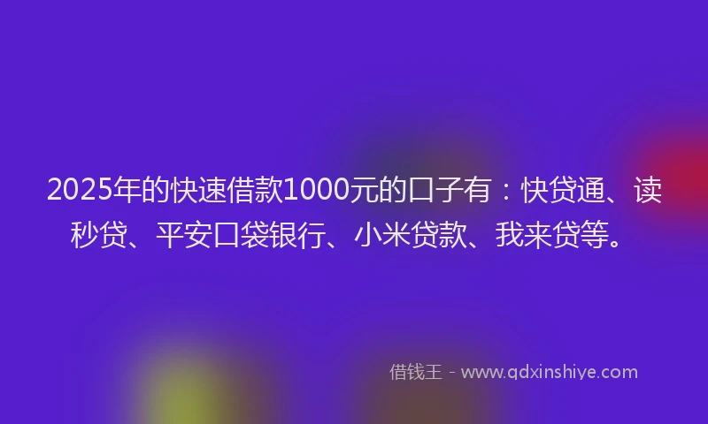 2025年的快速借款1000元的口子有：快贷通、读秒贷、平安口袋银行、小米贷款、我来贷等。