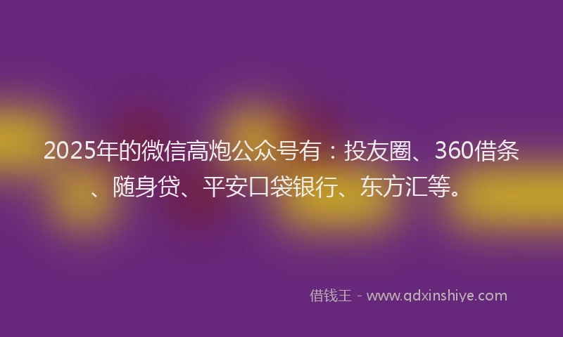 2025年的微信高炮公众号有：投友圈、360借条、随身贷、平安口袋银行、东方汇等。